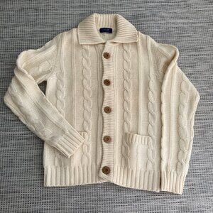 Damon  100% Wool Chunky Vintage Cream  Fisherman Cardigan Sweater Medium